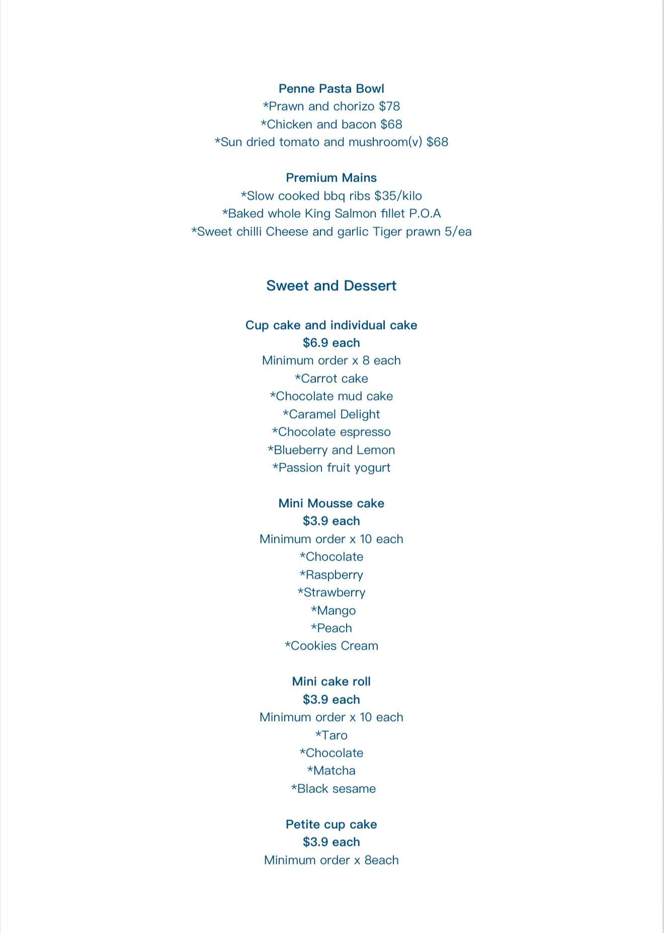 Catering and Event Function Menu page 3 — pasta bowls, premium mains, cakes and mousse