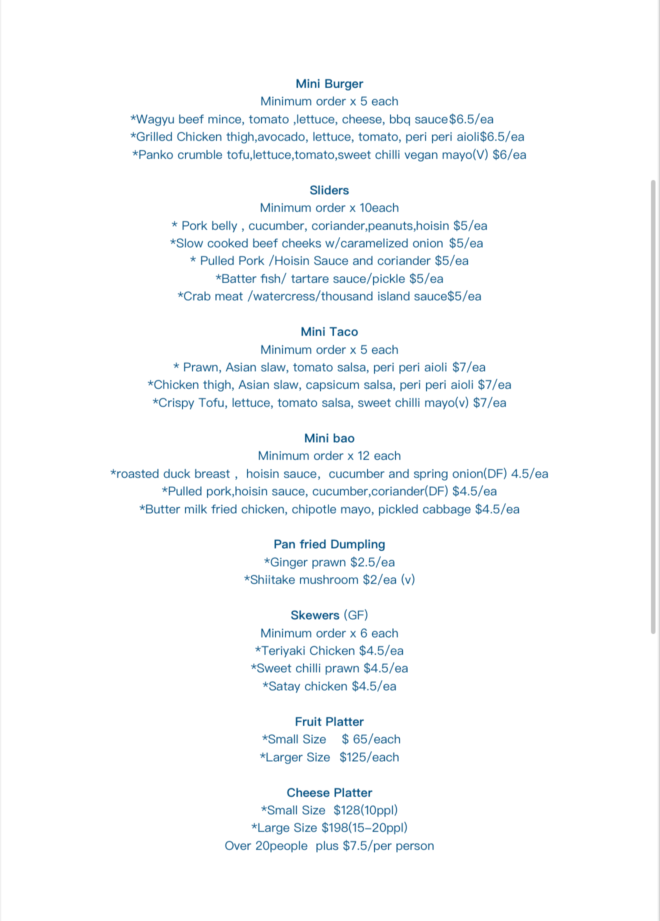 Catering and Event Function Menu page 2 — mini burgers, sliders, tacos, bao, dumplings, skewers and platters