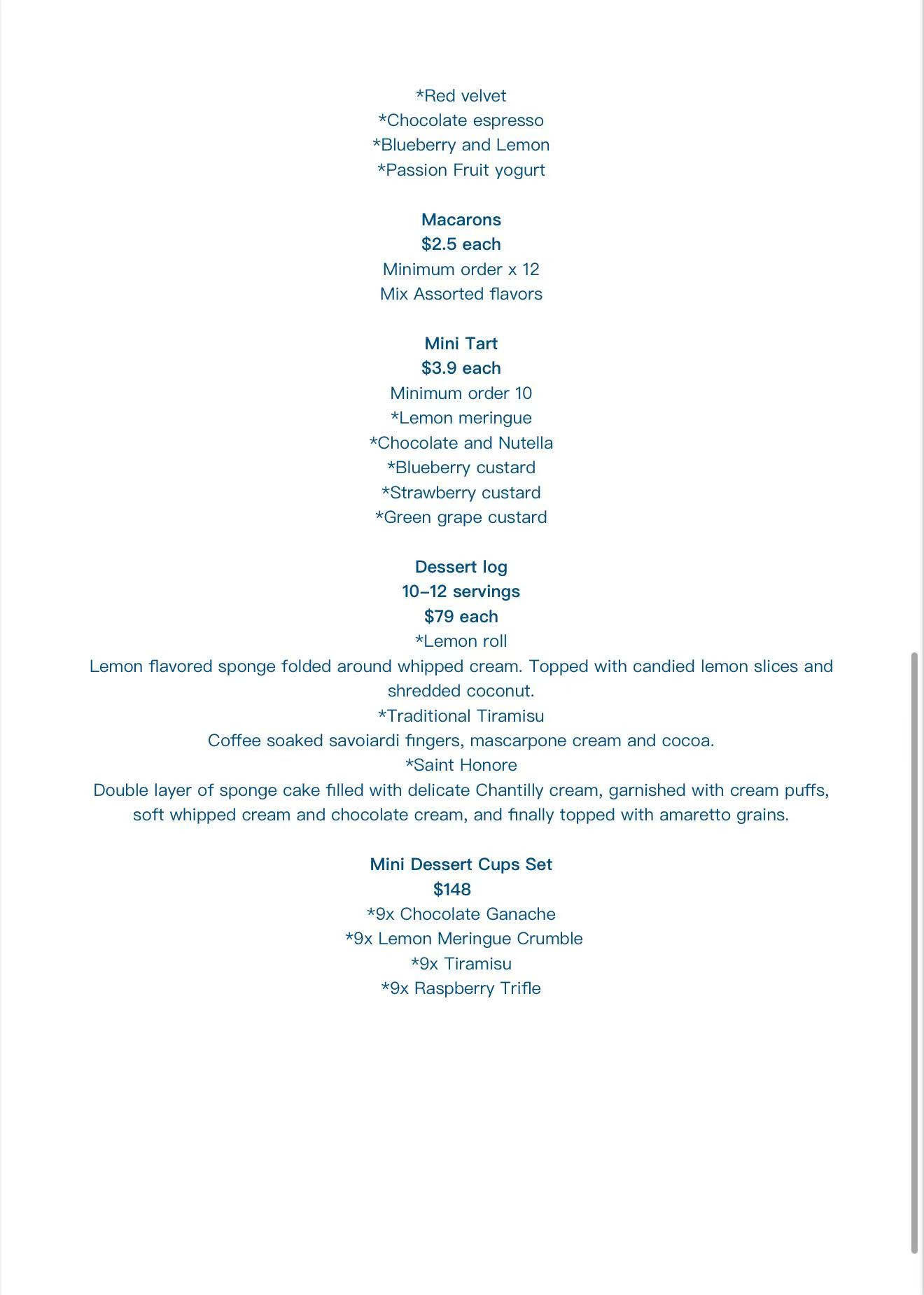 Catering and Event Function Menu page 4 — macarons, tarts, dessert logs and dessert cups